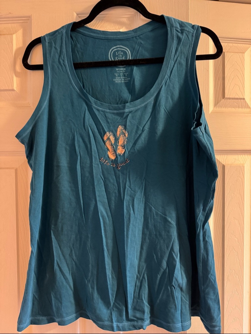 Life Is Good Teal Women's Tank Top with Flip-Flop Chest Graphic large